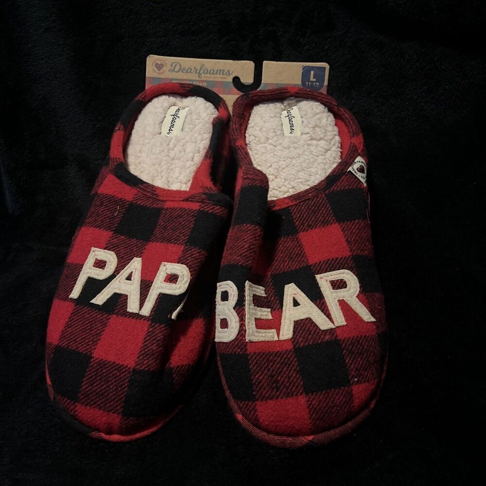 Papa Bear Red Plaid Slippers Men’s Size 11/12 Dearfoams Rubber Sole New